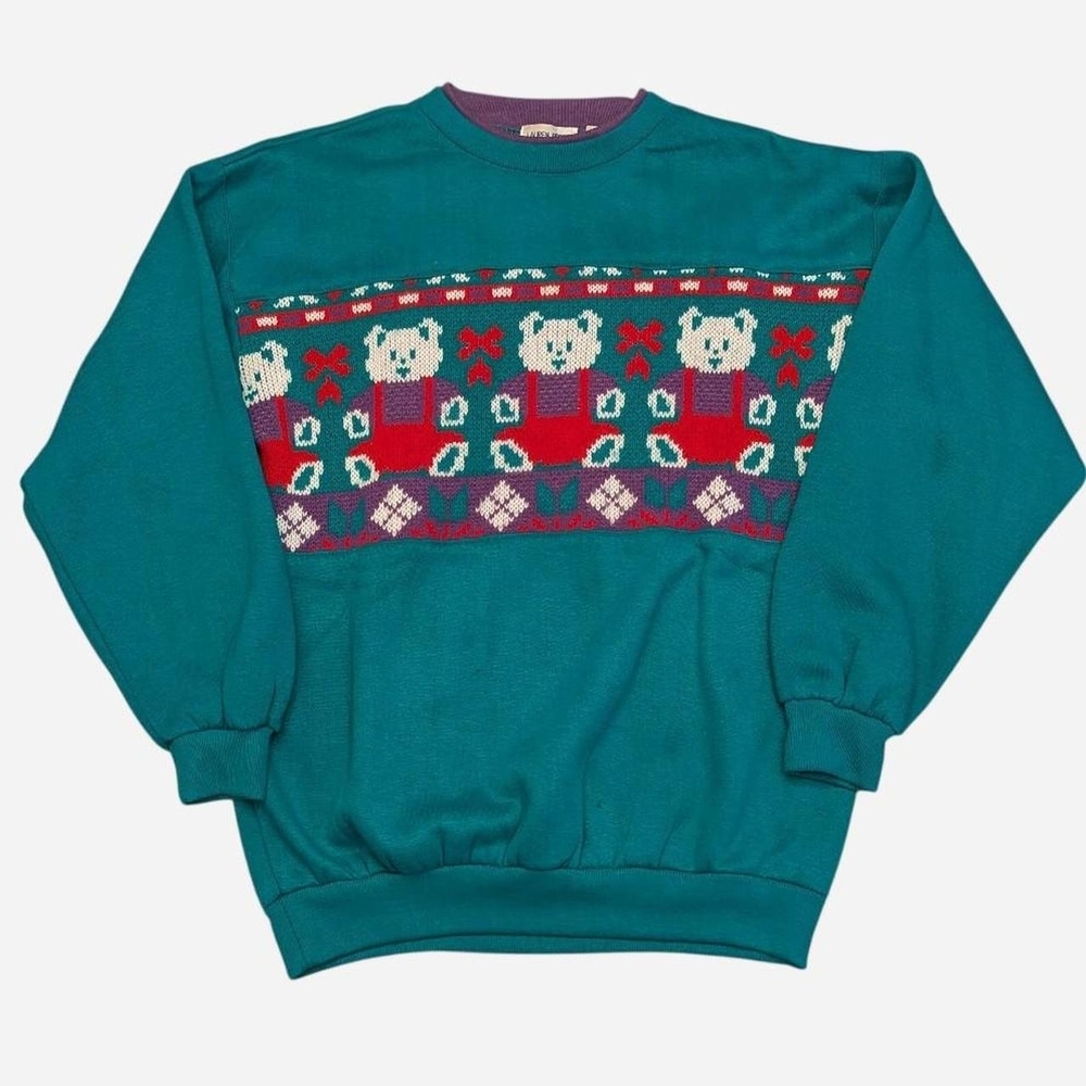 Vintage 90s Teal And Purple Knit Teddy Bear Pattern Double Collar Sweater